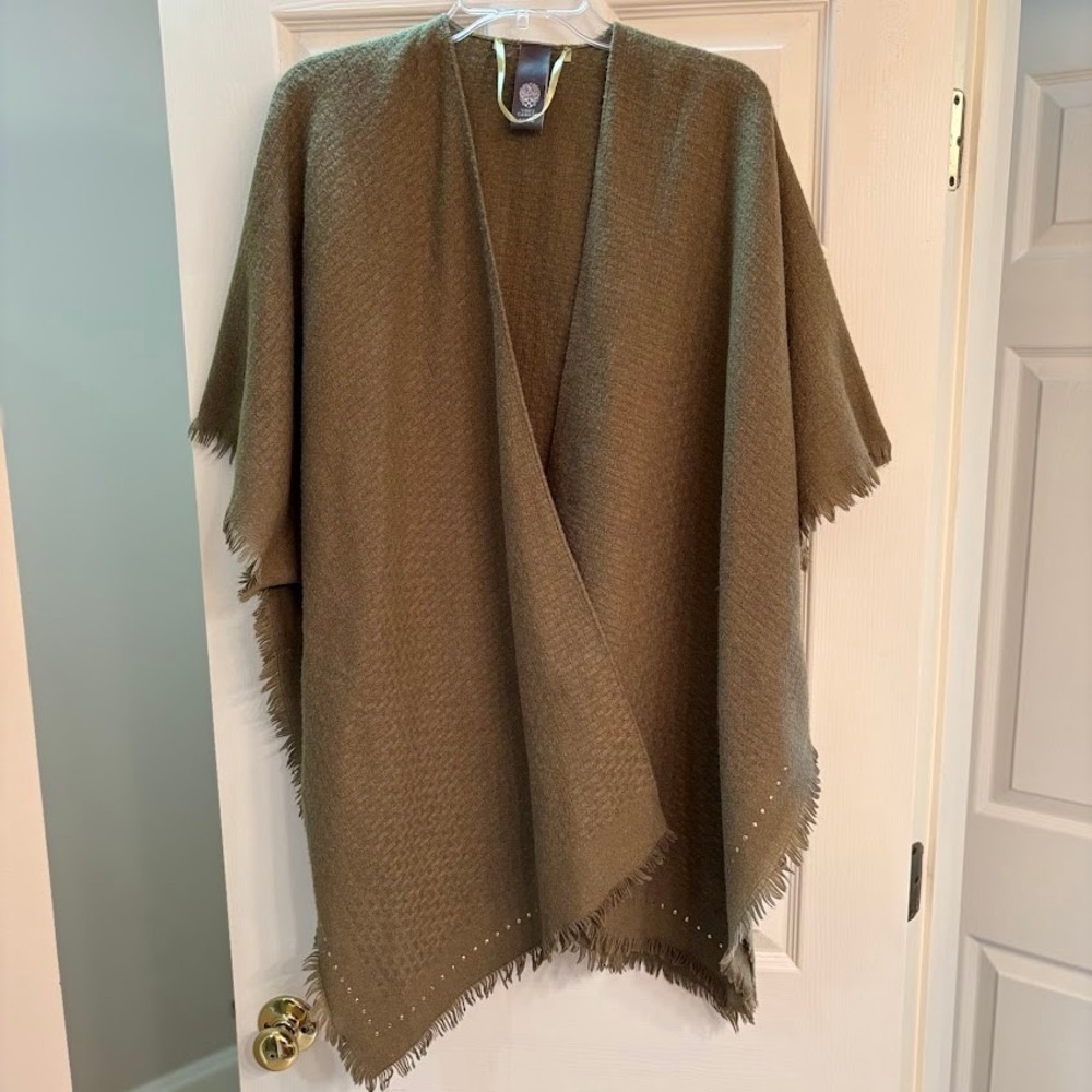 Vince Camuto Poncho Women OS Olive Green Rayon Blend Fringe Studded Boho Wrap